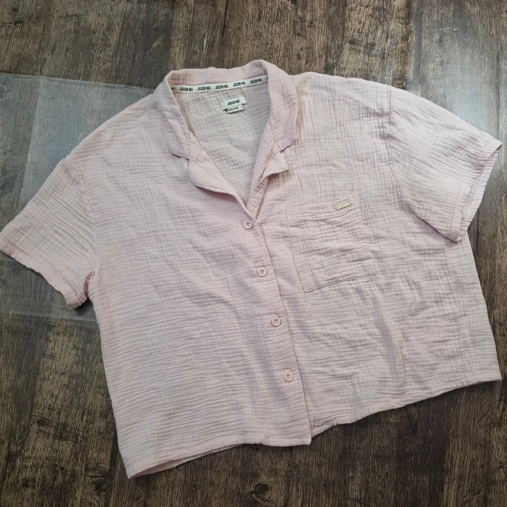 JASON WU Button Up Top Women Large Pink Cotton Gauze Short Sleeve WYS159-651-6SA